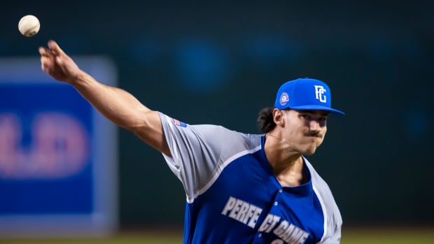 East pitcher Bryce Eldridge during the Perfect Game All-American Classic high school baseball game at Chase Field. (2022)